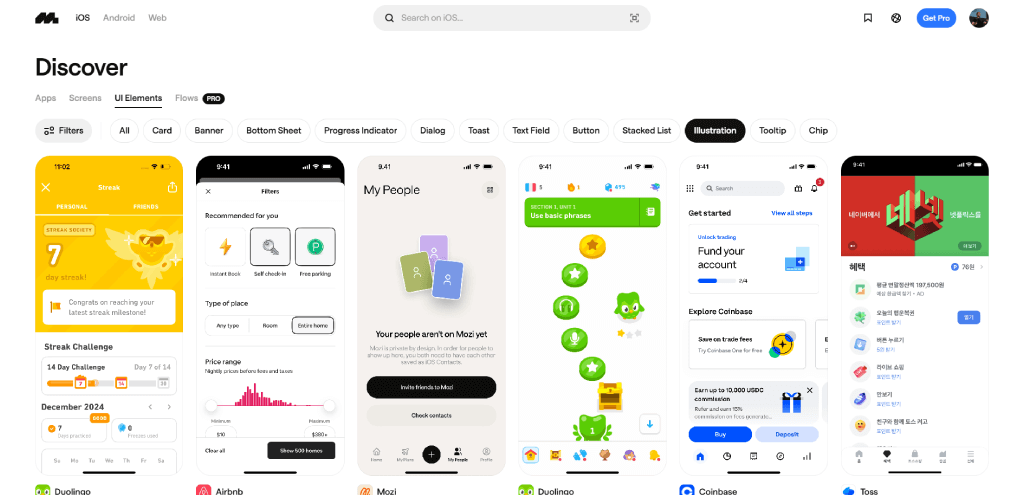Mobbin.com como sitio de inspiración UI UX con pantallas reales y patrones de interfaz