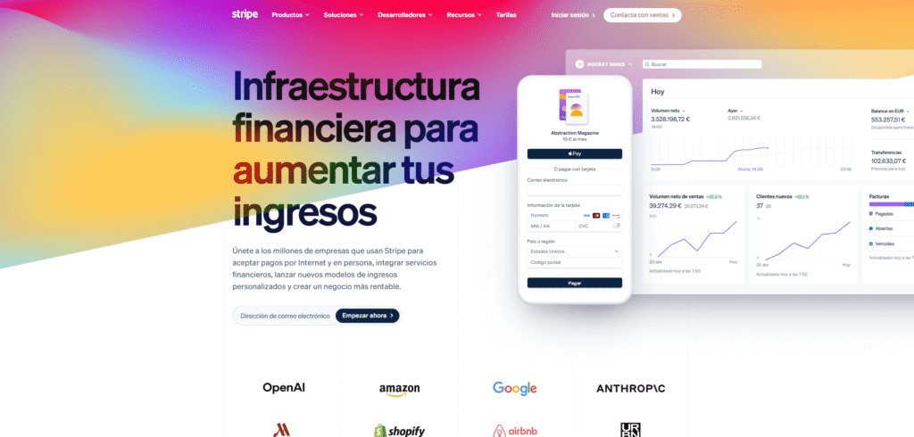 Home de la plataforma Stripe