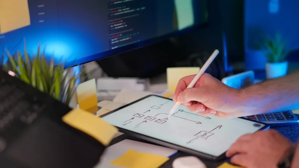 Espacio de trabajo con interfaz digital y código para ilustrar el diseño de botones web y ejemplos UI UX